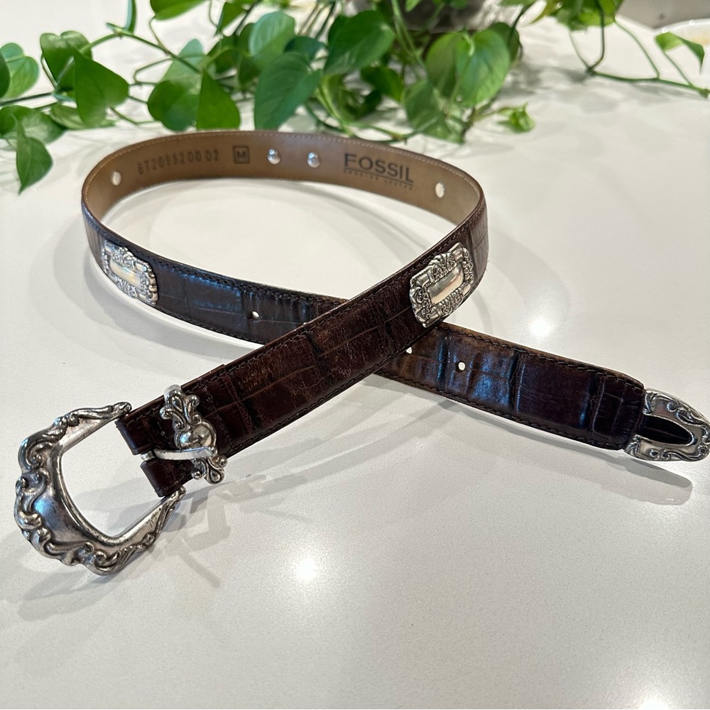 Vintage Ornate Silver Tone and Leather Brown Fossil Belt Size Medium